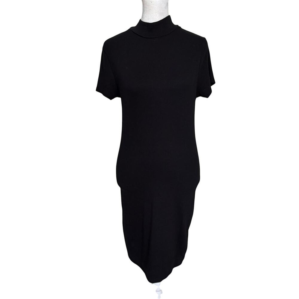 Michael Stars Black Short Sleeve Mock Neck Ribbed Mini Dress Womens Size Medium